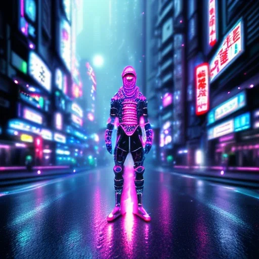 photo of a ninja in an alternate universe in tokyo; cyberpunk; realistic; rain; neon signs