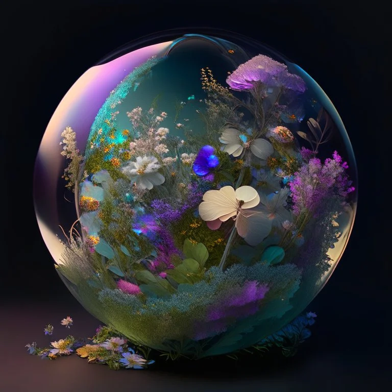 iridescent mechanic globe full of flowers and nature
