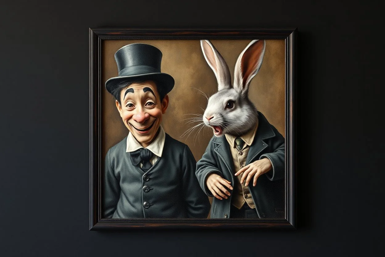 Real Charlie Chaplin and town major troll mouse rabbit in style of Rembrandt and Fallout 4, with motion blur, all on a painting on wall with black wooden frame and with black wall background