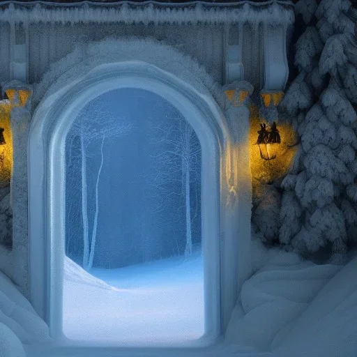 ethereal winter flowers, carved ice door at the end of ice steps, magical atmosphere, Renato muccillo, Andreas Rocha, Johanna Rupprecht, Beardsley, Unreal render, cinematic blue --aspect 9:16 --s 2500