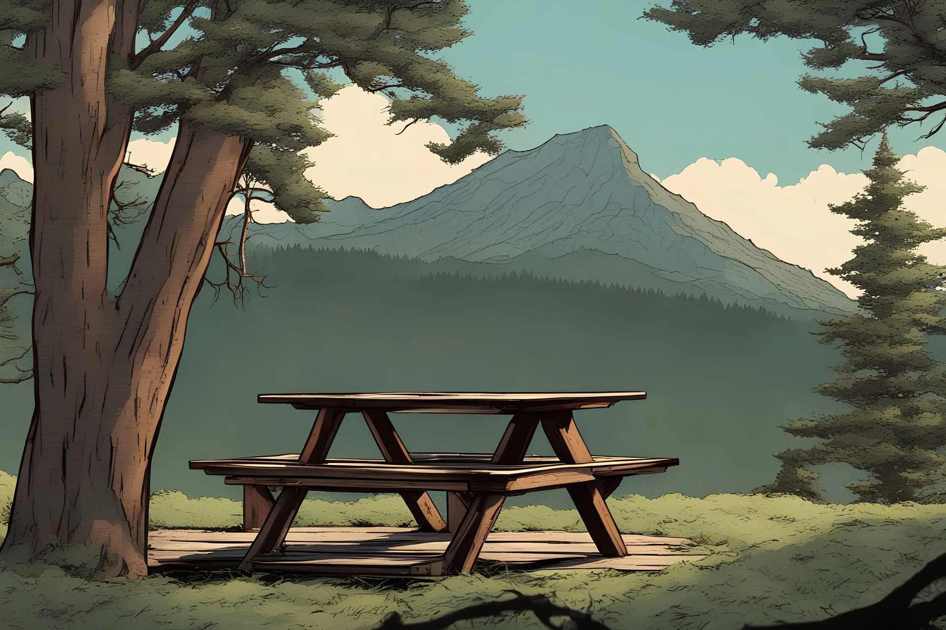 lookout, picnic table, mountain, forest,, comic book,,, cinematic