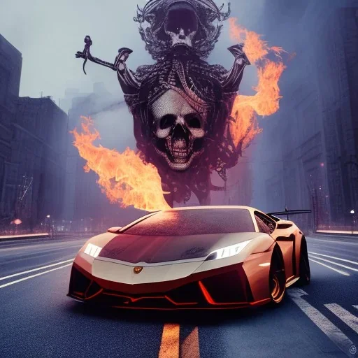 Fire head skeleton Rider wearing a black leather on black Lamborghini in the middle of street rounded by high tower in a City