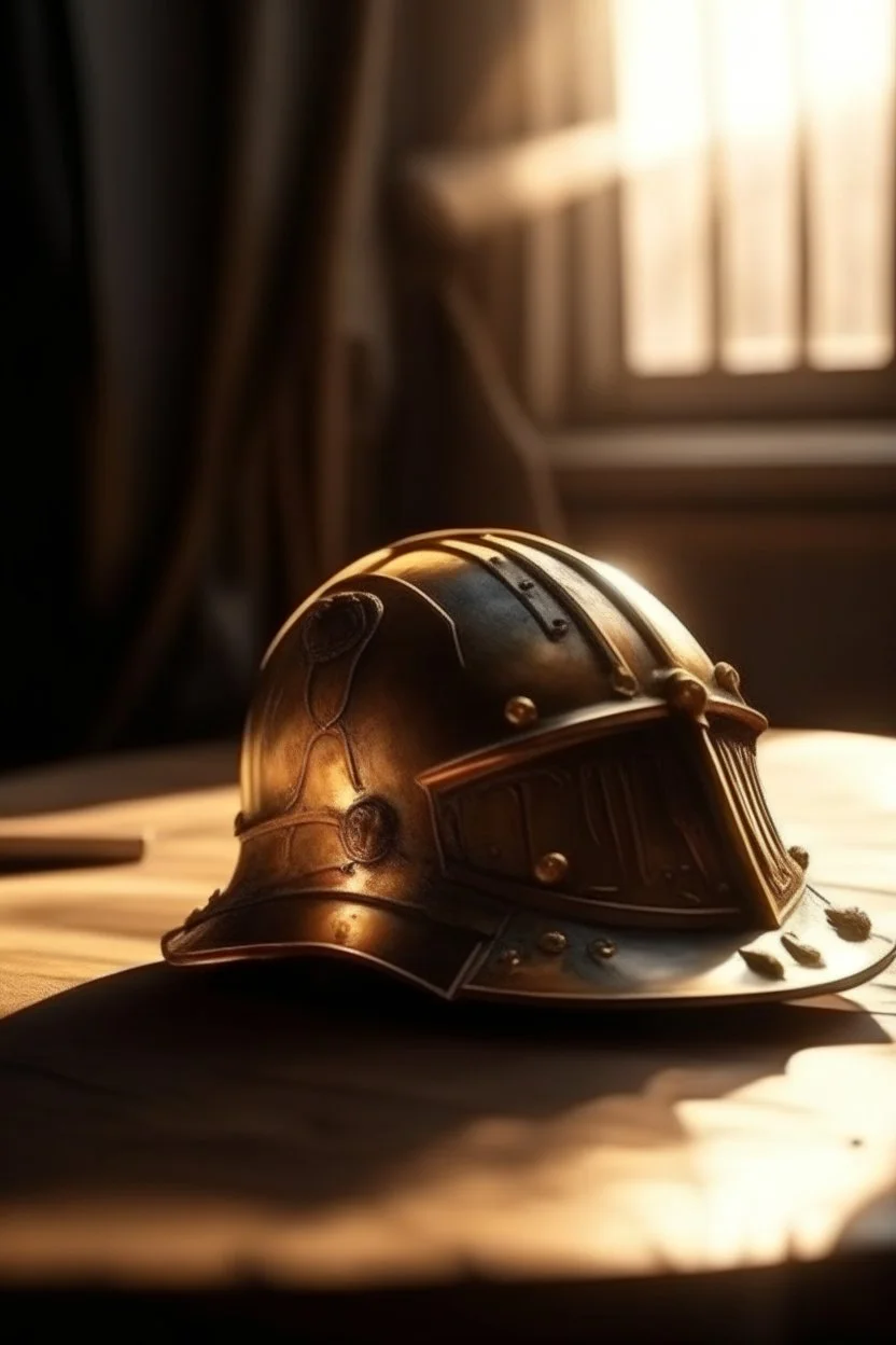 The Roman centurion's helmet lies on an old cracked wooden table. Next to it on the table is a cross on a string and a scroll of parchment. A ray of sunlight reflects off the helmet. All around is the entourage of ancient Rome. High quality image in 8K