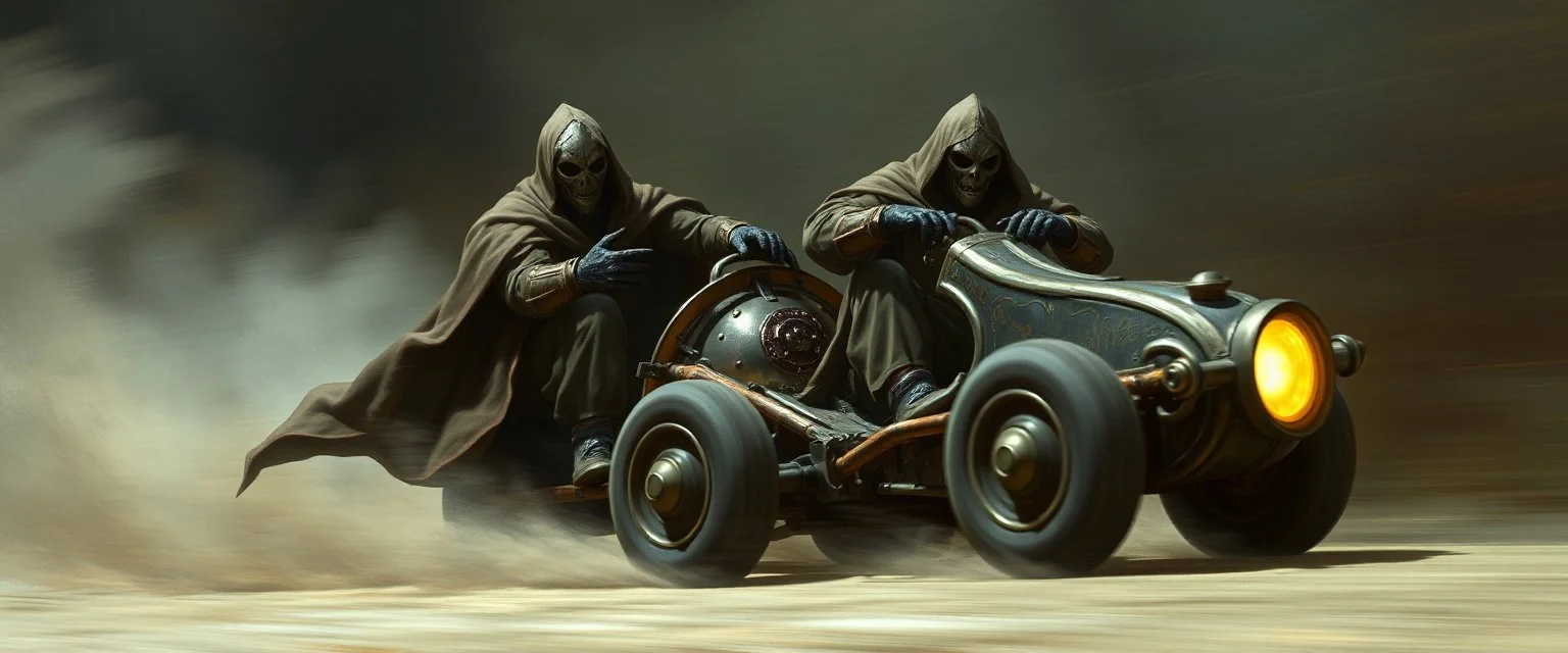 ghost train gokart illithid crusader with gloves bewildered looks beyond really powerful, fantasy illustration in the style of Rembrandt, motion blur background