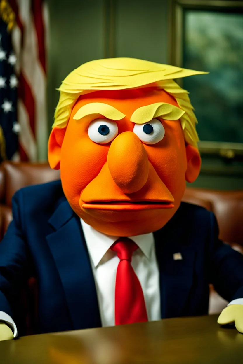 a Film Photograph of a realistic angry orange Donald Trump Muppet made of felt and foam wearing a dark blue suit and red tie and with blonde hair combover, he is old and angry with a round mouth