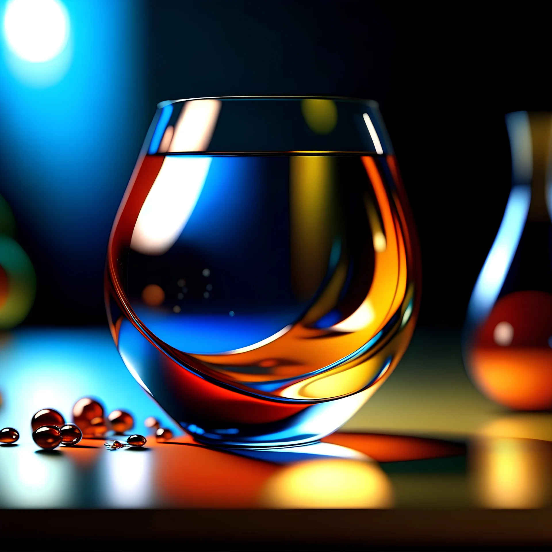 minimalist and stylized rube goldberg of mixed 3d glass with refraction and caustic effect, studio lighting, gallery cyc background, cinematic, dramatic angle, depth of field