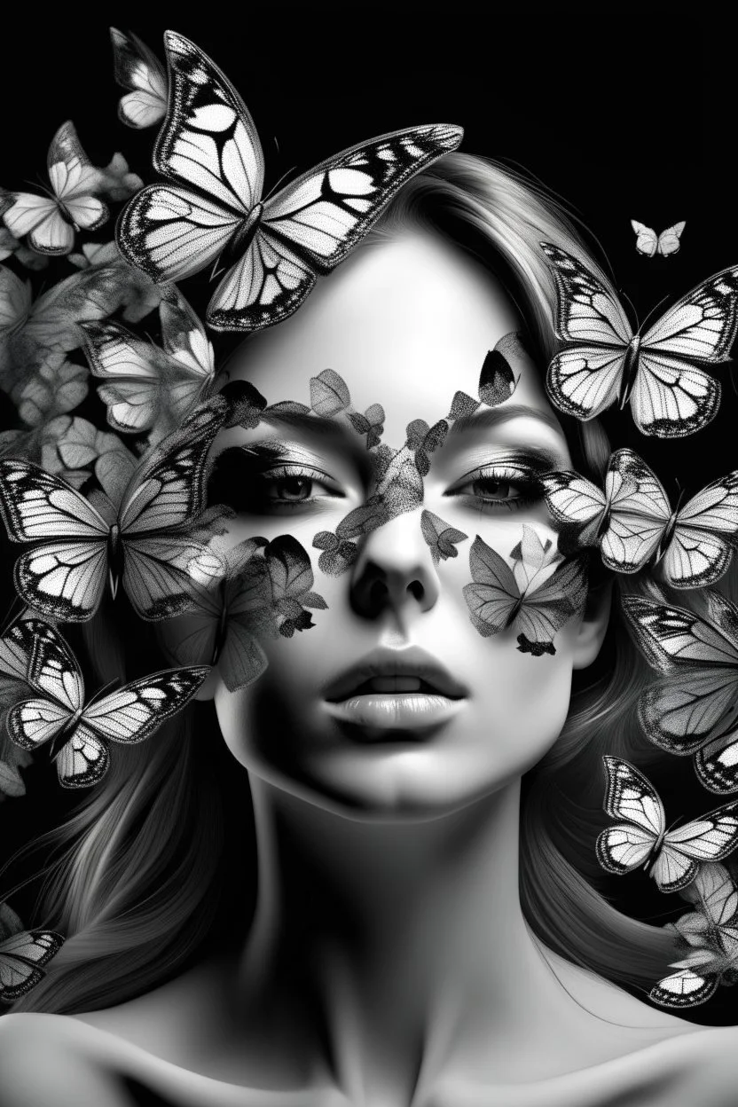 abstract a face of beautiful girl with a mask of white Butterflys flying away in black and white