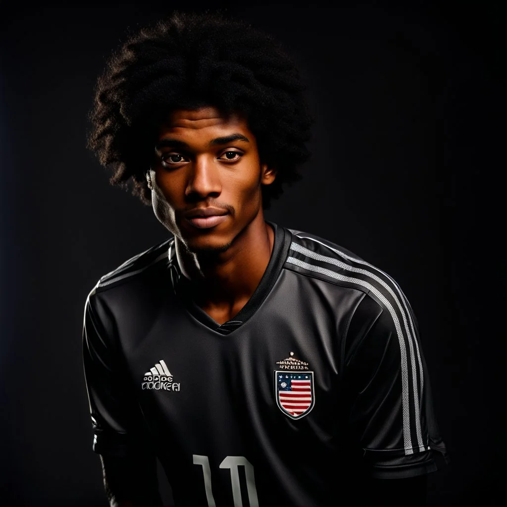 85mm DSLR color photography of a very detailed headshot fitting all of head and hair in frame. 20-year-old American soccer player, with black hair color and with small facial hair and has a brown skin tone and has a small afro and a taper fade with a small smile, grey background