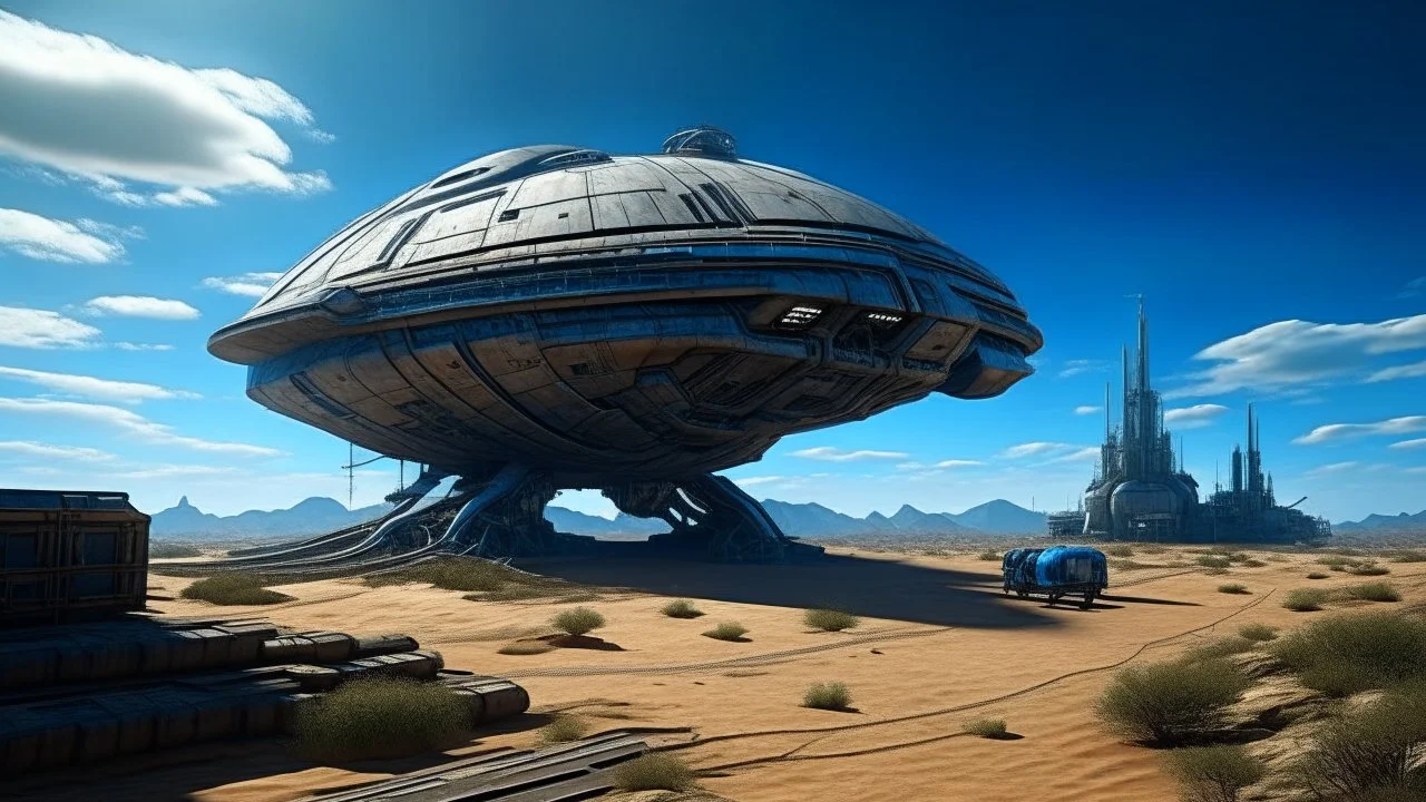 sleek cargo spaceship, built like a teardrop, landing in a wide empty ruined alien street, blue sky