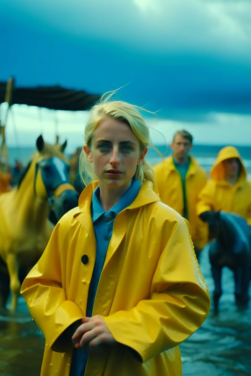 In the music video, a 23-year-old woman with blonde hair and bright blue eyes stands in the sea, se has a bun. dressed in a yellow fisherman's jacket ag. She holds an umbrella, but it offers no protection from the pouring rain. Around her, heavy horses are moving. The rain is pouring heavily. She is standing in the middle of the sea. You can see here completely. Horses only the girl and horses, i wanna see the horses dancing around her.. NOT SEXY!! middle of the sea, green pants