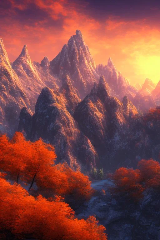 big rock mountains with and orange dawn sky with no clouds close montains anime style