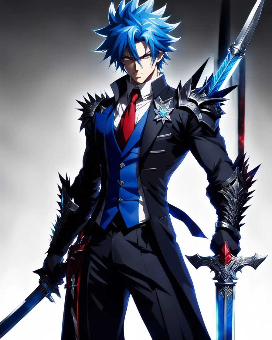 Stunning male anime character, drawn with intricate details on white background. The character is tall and muscular, with spiky blue hair and piercing blue eyes. Dark suit, with a red tie and black gloves. In one hand, he holds an elegant sword, its blade reflecting the light menacingly, while the other hand rests on his hip. The overall atmosphere of the picture is intense and dramatic, with a touch of mysterious charm.