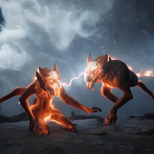 Cerberus, character-design, fire pouring from each mouth, full body, fiery dark skies in the underworld with Hades in the background, 8k, highly detailed, hyperreal, octane render, hdr, dark, sparkling lights, mysterious, surrealism, campbell white, 8K