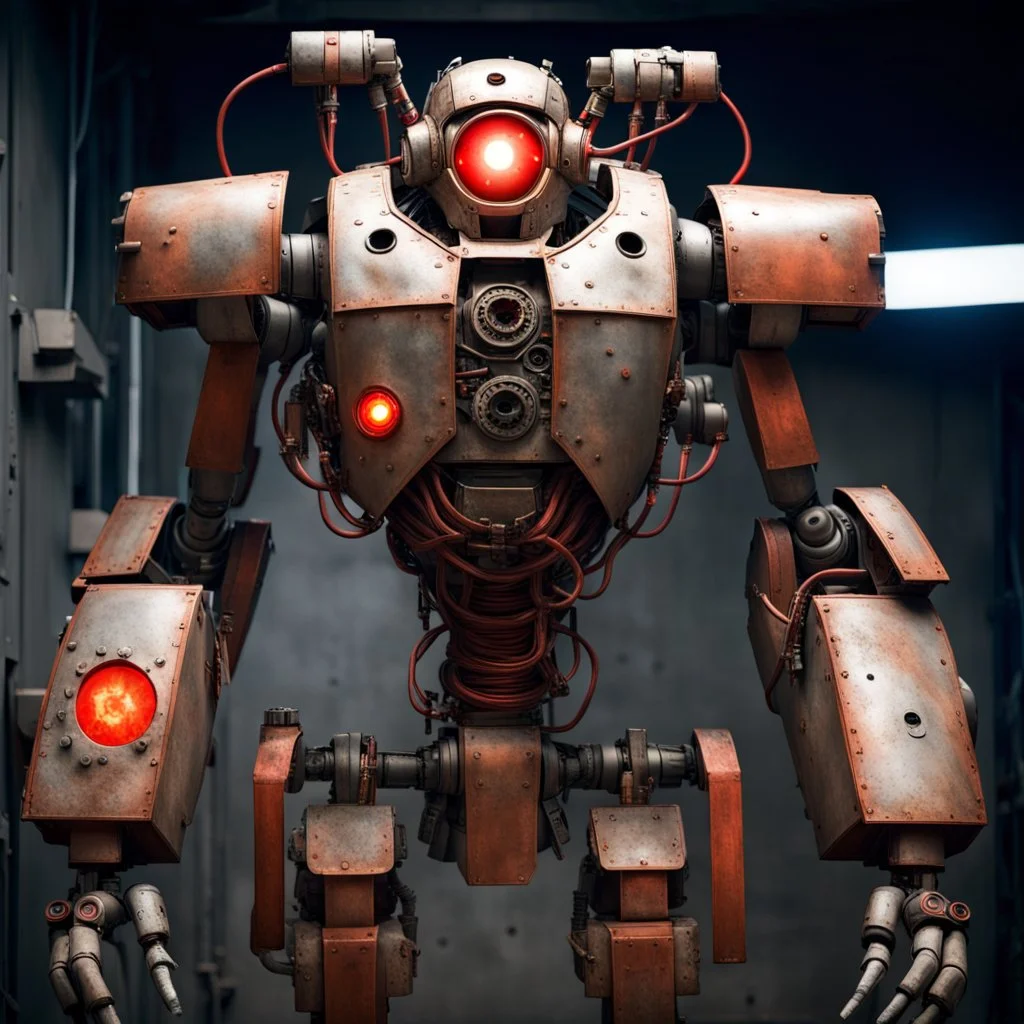 trash mech suit, human-sized, made of scrap metal, cockpit in chest cavity, light rust, round, one red glowing eye, loose wires, escape hatch