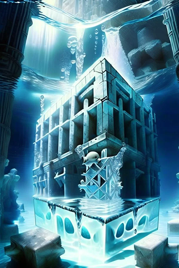 Atlantis dungeon with white many knight snd a great pool of water with a chrome cube floating over it