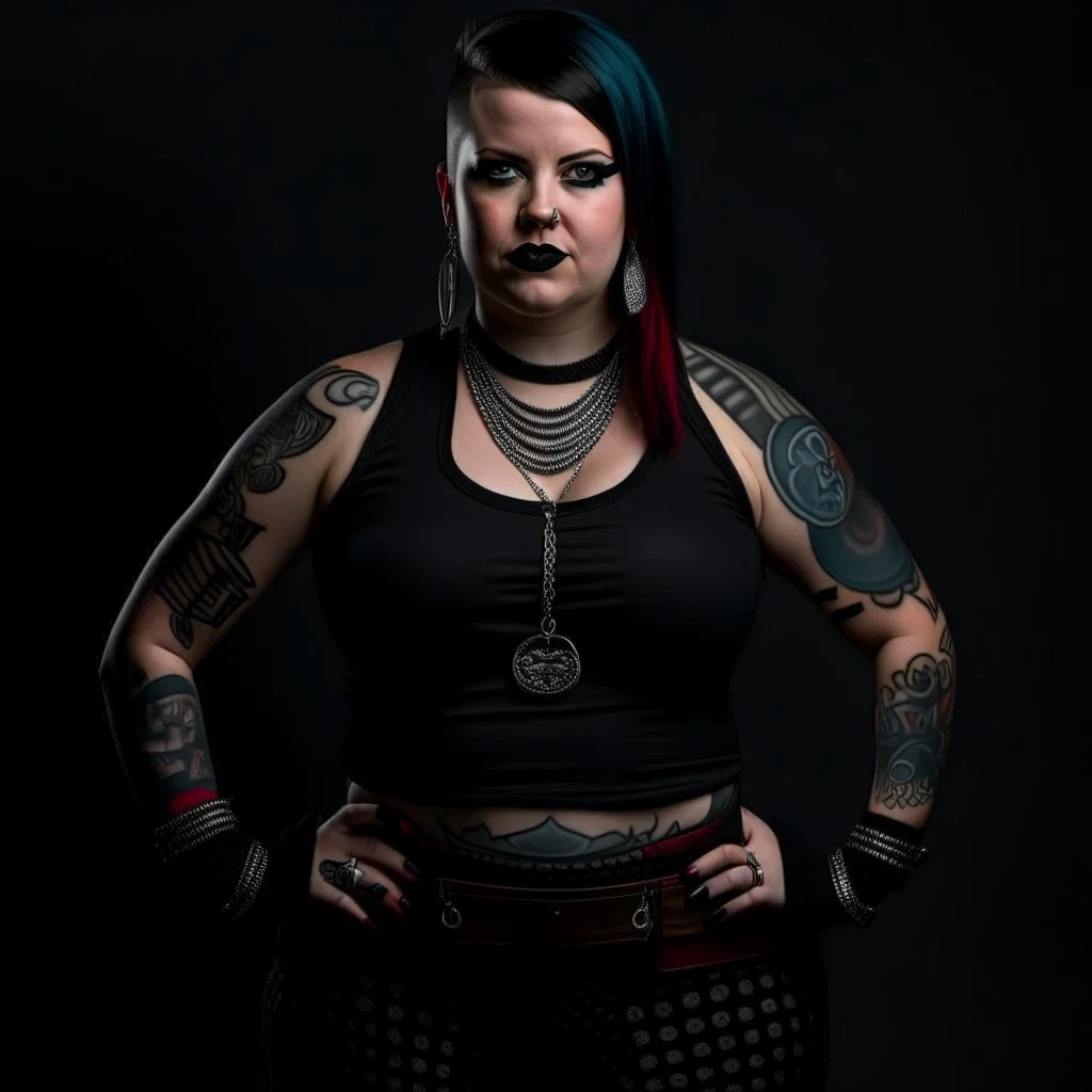 Picture of a photrealistic, lifelike,young 33 year old chubby extreme tatood girl with big scary knifes in her hands and a 46 years old extreme tatooed woman, dressed in gothpunk clothing and boots,