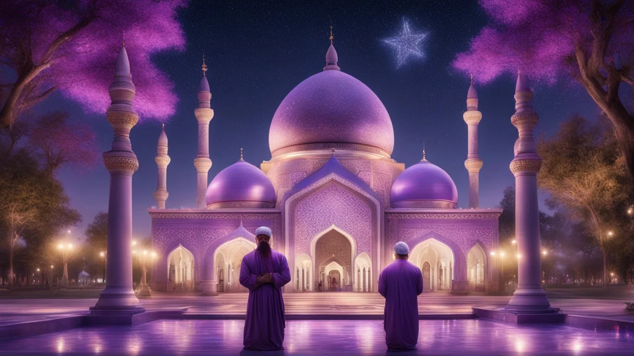 Hyper Realistic men praying outside Beautiful-Decorated-Huge-Purple-Mosque with small-water-fountains & Beautiful-Lightings-Decorations at night with stars on sky & beautiful trees