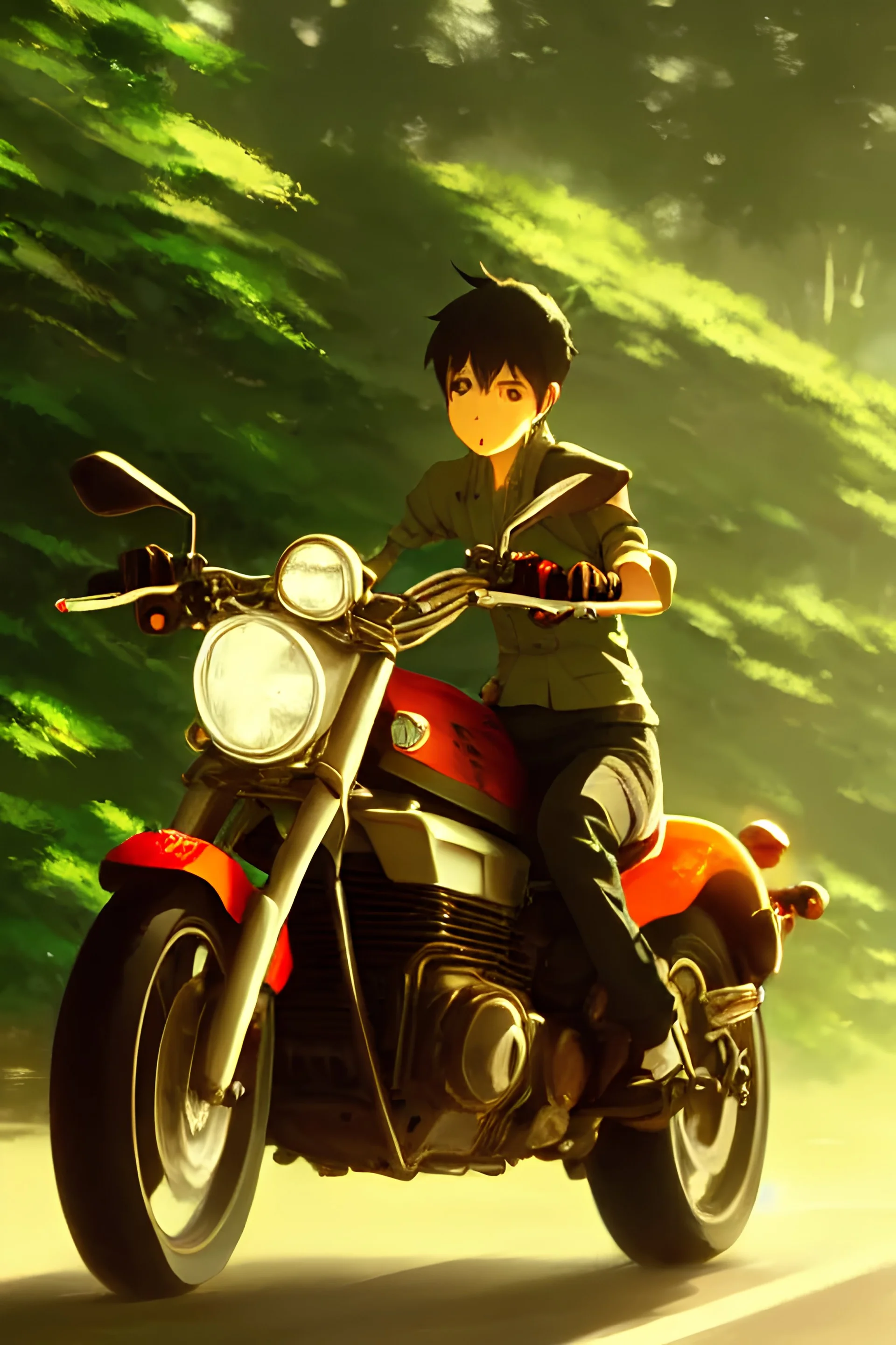 cinematic close up of a person riding a motorcycle on a road near a forest, delicate features finely detailed perfect art, green field, gapmoe yandere grimdark, trending on pixiv fanbox, painted by greg rutkowski makoto shinkai takashi takeuchi studio ghibli