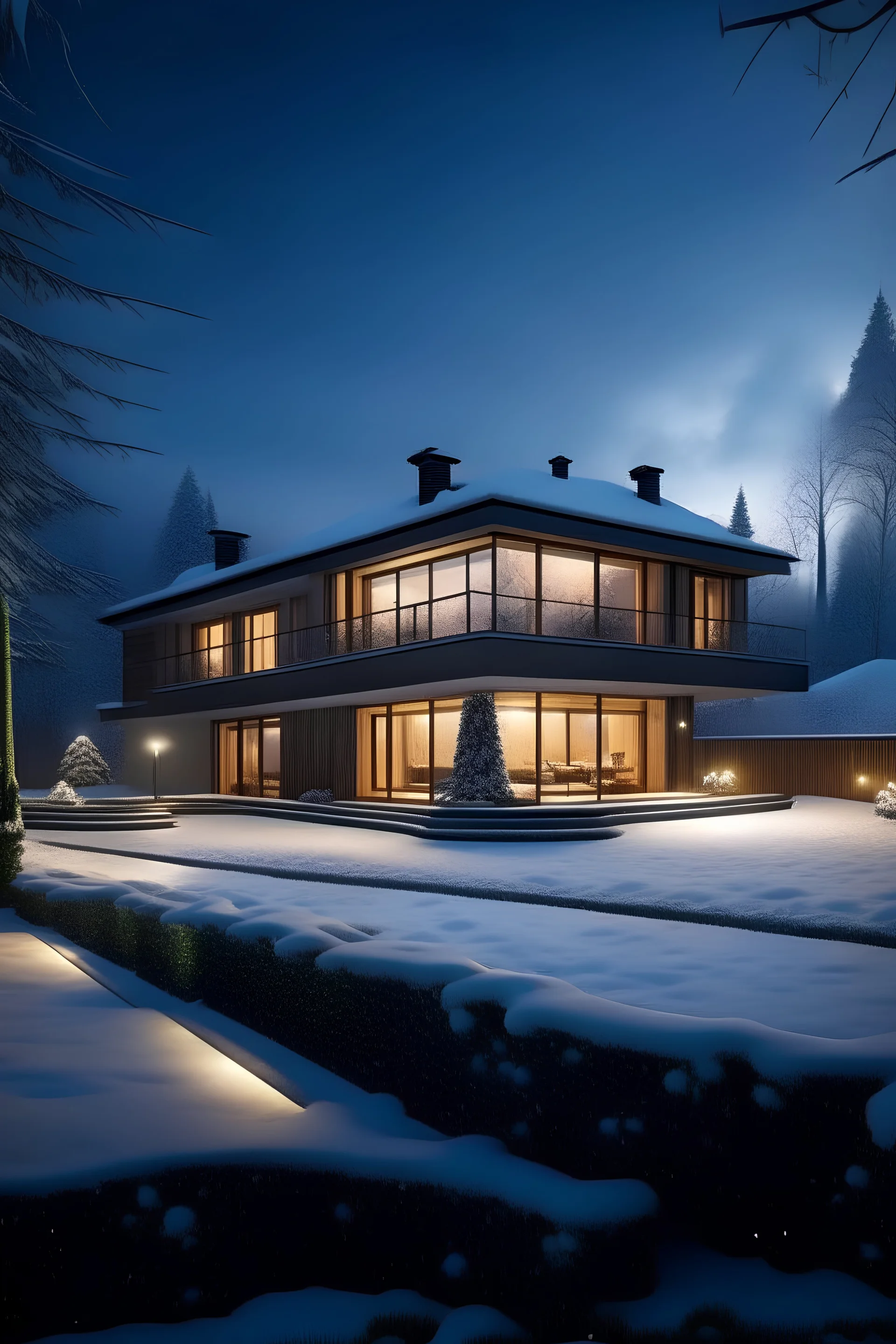 Eine große moderne Villa mit einem Weitläufigen Garten. Alles ist in dicken Schnee gehüllt und der Schnee glitzert in der Morgenröte. Fantasy Stil