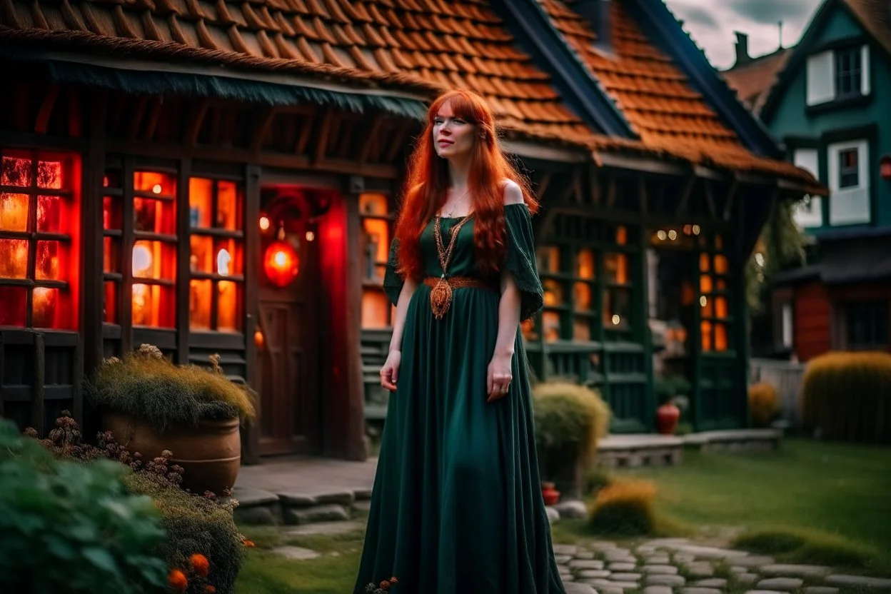 Full body shot of a tall slim pretty, red-headed young female witch, casting magical glowing symbols into the air, dressed in a long flowing green dress, standing in front of a row of cottages and shops with thatched roofs