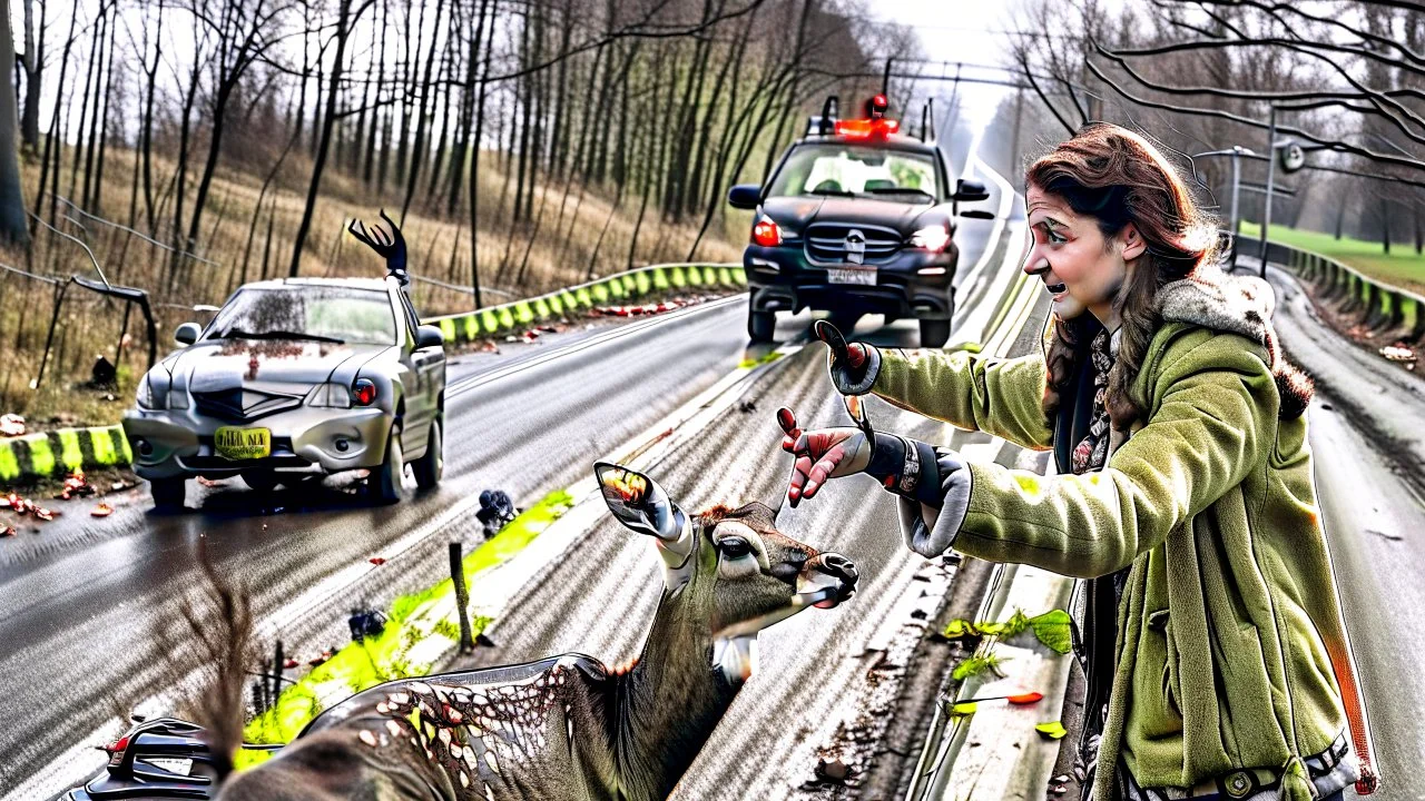 upset lady points handgun at deer carcass on the highway