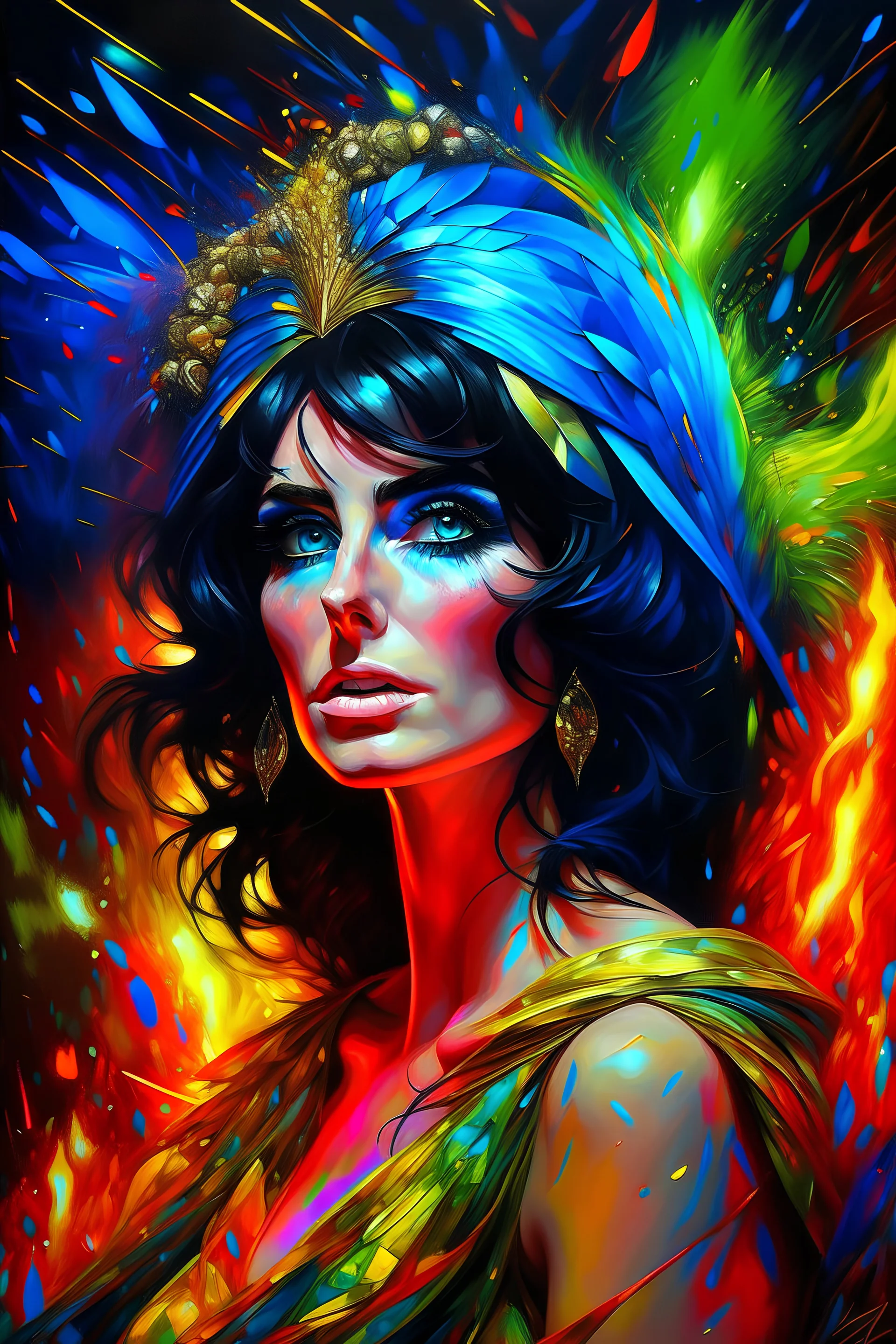 fire, lightning, wind, rain, volcanic lava, fireworks, explosions, multicolored neon lights, Elizabeth Taylor as Cleopatra in the art style of Leonardo De Vinci, oil paint on canvas, 32k UHD, hyper realistic, photorealistic, realistic, life-like, extremely detailed, extremely colorful, sharp beautiful professional quality,