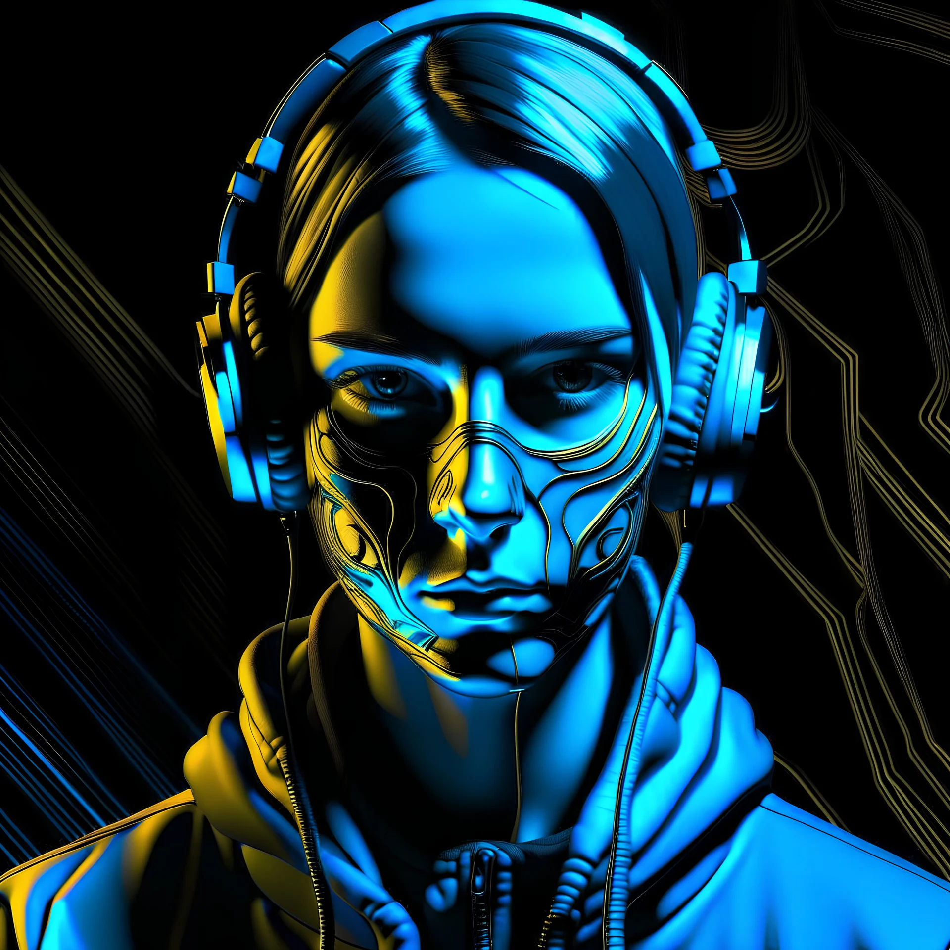 Girl face wearing face mask with headphones and neon blue with gold filter