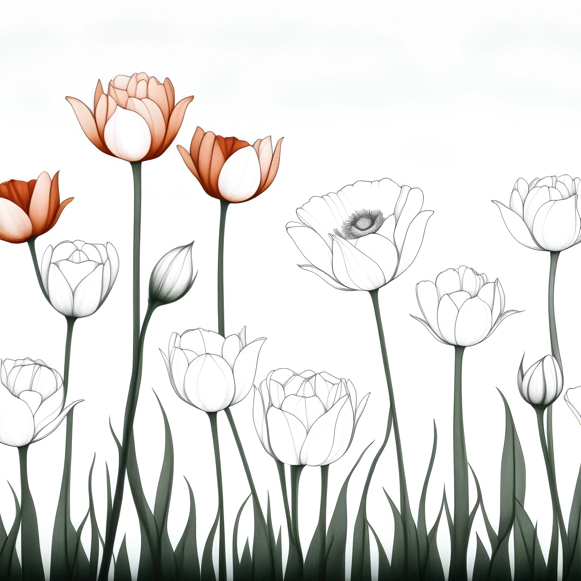 Coloring Pages: A visually appealing image of a row of fresh flowers i, inviting readers to explore the variety of floral themes they can find in a coloring book. The image could include roses, tulips, daisies, and other popular flower choices.