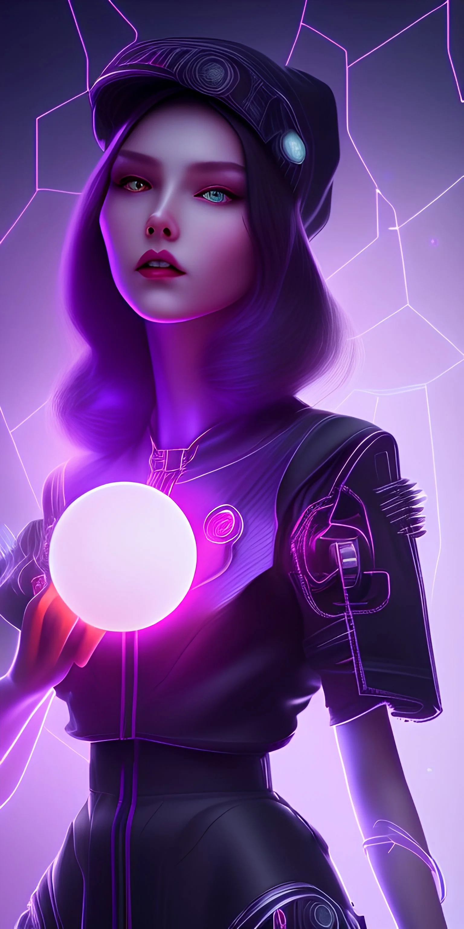 Create an image of a young cyberwitch standing on a neon-lit street corner, with her face half-obscured by the hood of her black cloak. In one hand, she holds a glowing orb, and in the other hand, she wields a stylized wand made of circuit boards and wires. Behind her, the walls are covered in graffiti that reads "hack the planet" and "power to the witches". The scene is bathed in the glow of neon lights and the flickering of computer screens.