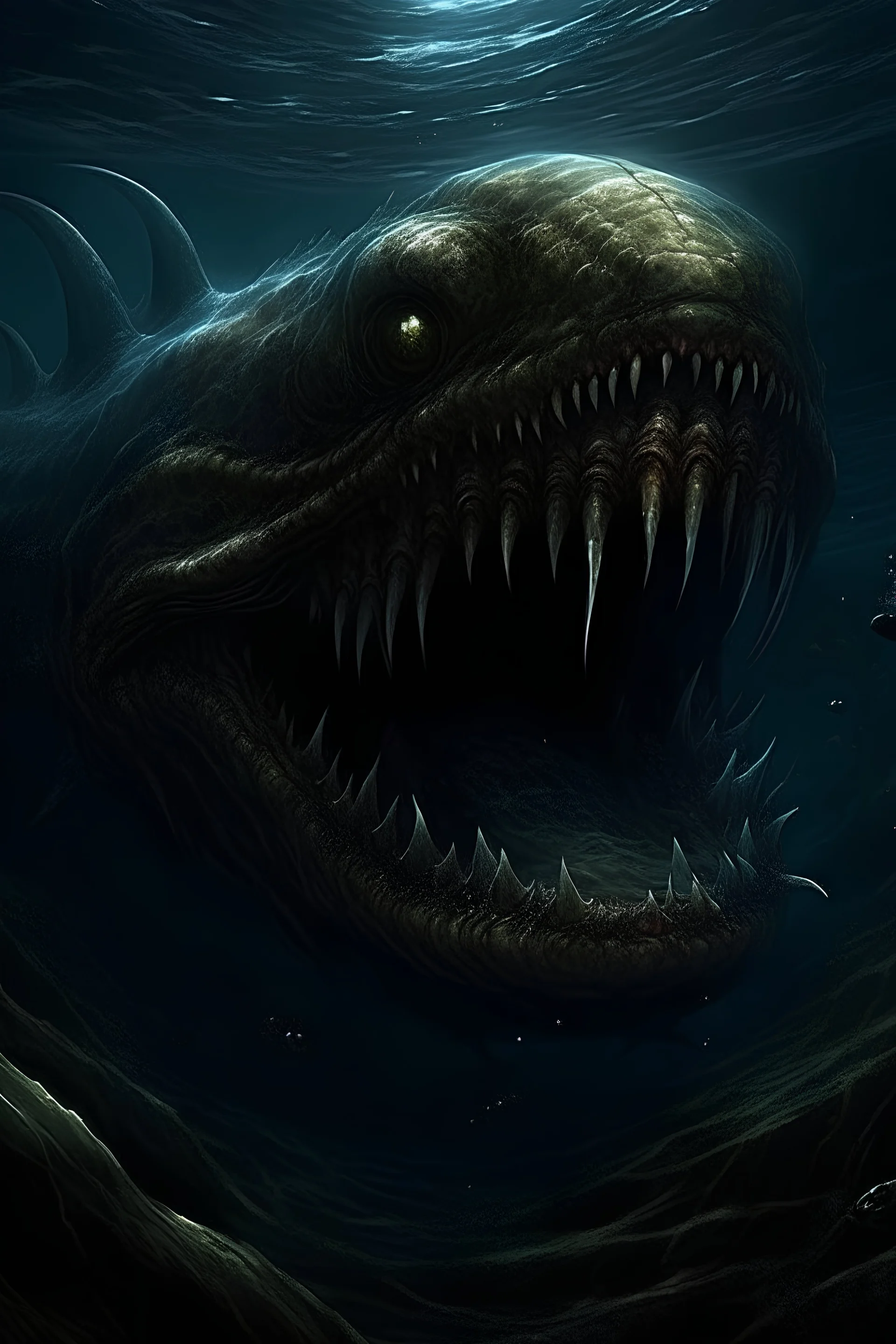 A (((disturbingly massive sea monster))) lurking in the (((ocean depths))) with its (((vast body looming around a (black hole where its eye should be))))) evoking a sense of foreboding and the unknown with its (lot of Sharpen Teeth)