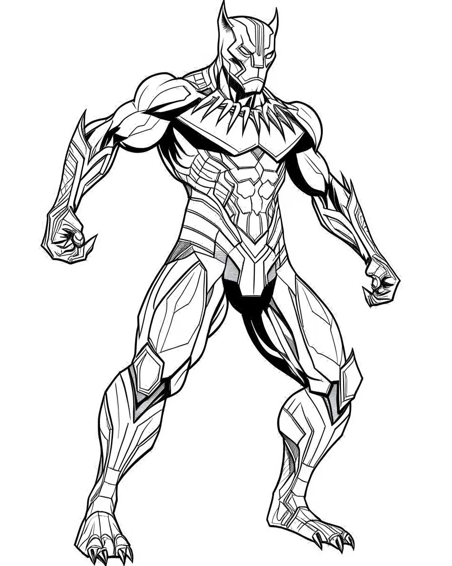 Avengers Black Panther, coloring page, no leaves, full body (((((white background))))), only use an outline., real style, line art, white color, clean line art, white background, Sketch style