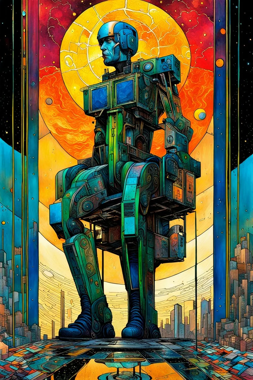 Create a chaotic abstract cubist Tarot Card depicting a full body post apocalyptic, The Chariot , with highly detailed facial features, in the style of Bill Sienkiewicz, Philippe Druillet, Gustav Klimt, and Jean Giraud Moebius, precisely drawn, colored and inked