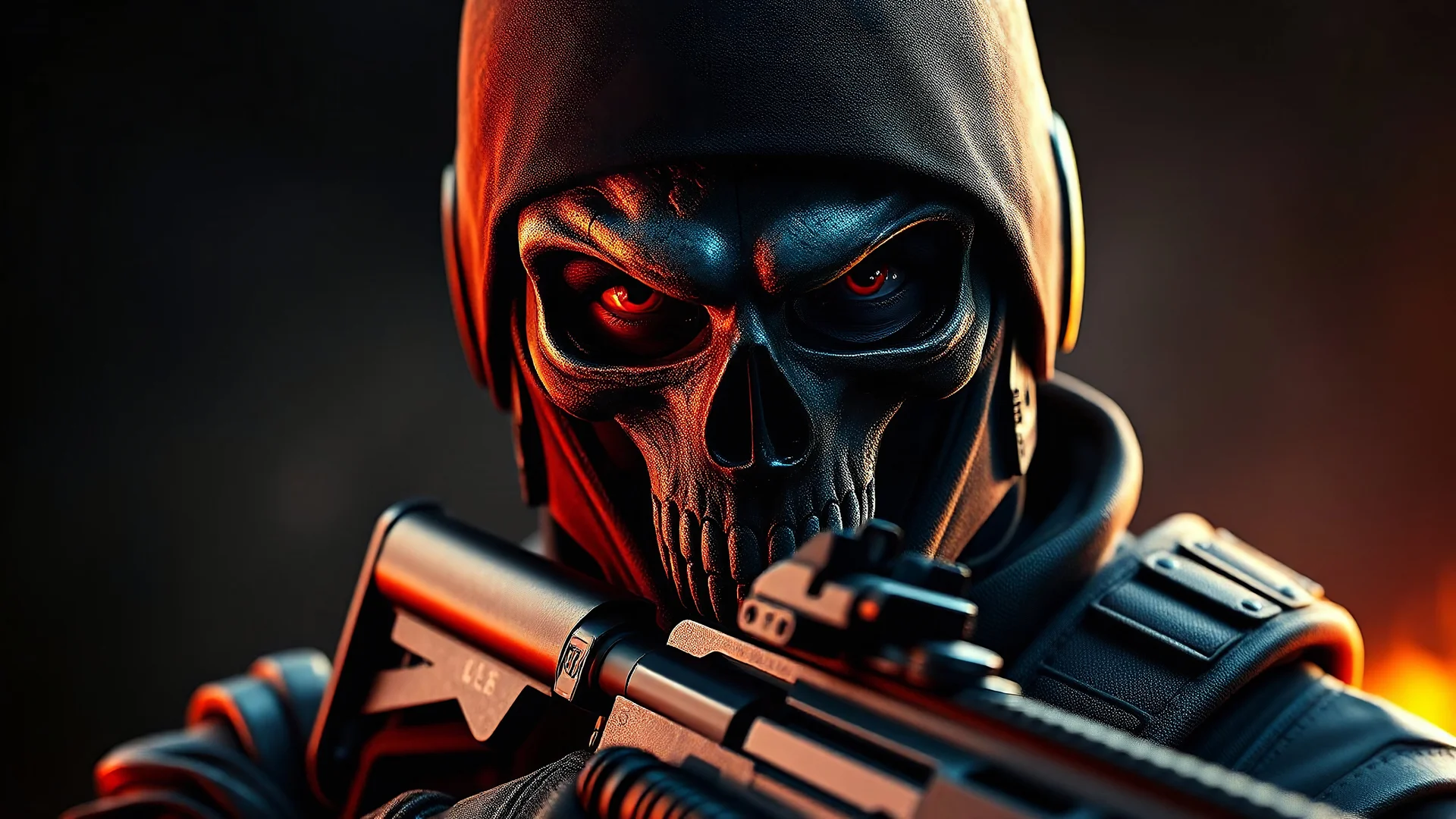 SOLDADO COM apenas mascara de caveira ao fundo seu rosto mostrando olhos do guerreiro ,GAME BLACK OPS 6,8K,HDR,RAY TRACING,UNREAL 5,ILUMINATION,BRILHO,CGI,TRIDIMENCIONAL,3D,com fusil de assalto detalhado