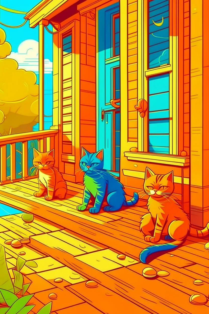 kids illustration, Cats on the porch, cartoon style, thick lines, low detail, vivid color