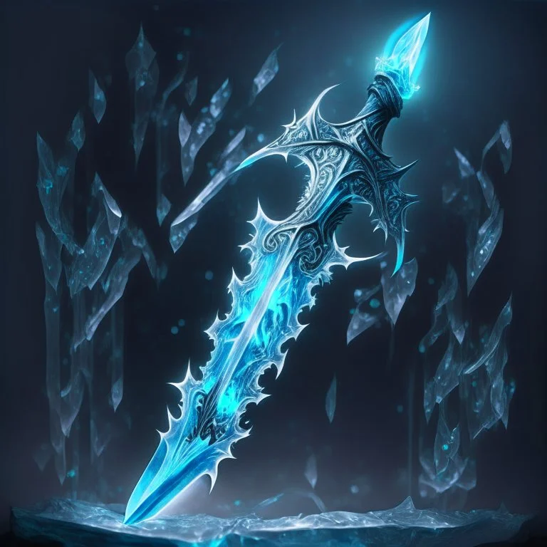 A fantasy sword that is a slender, translucent blade made of ice, shimmering with an ethereal blue glow. Its hilt is crafted from swirling vines, leading to a vibrant crystal at the pommel. With a black background behind it.