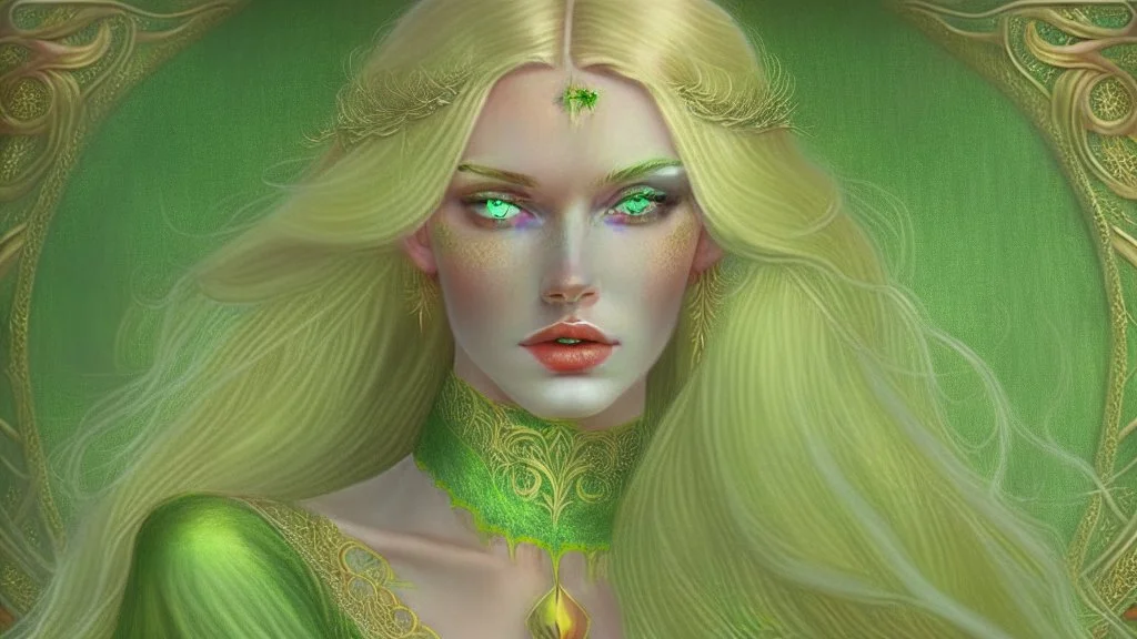 A woman who had green eyes and long blond hair that she wore in elaborate coiffures. Being known as someone at the height of fashion, prior to her disappearance, she favored wearing green and golden outfits to match her physical features.