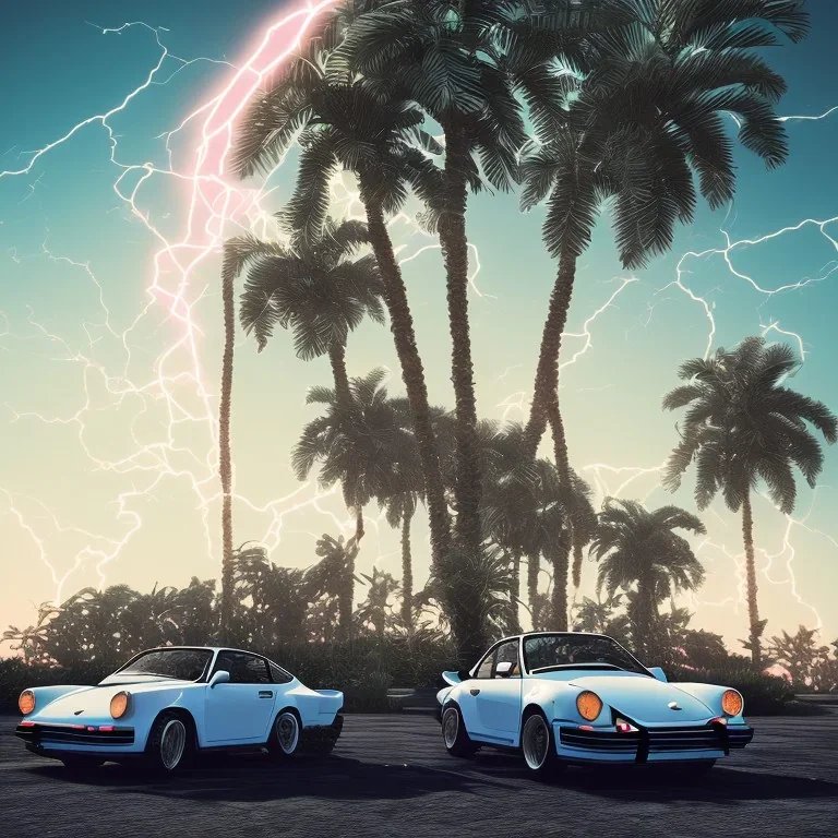 1980's aesthetic vaporwave palm trees and spheres and Porsche with lightning