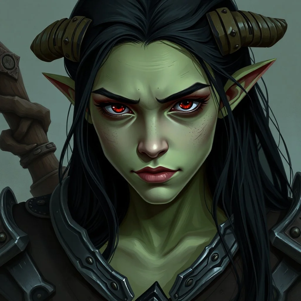 A digital illustration shoot from a portrait camera angle about a portrait of a young orc woman with dull green skin. In the middle of the image, a 20 years old orcish woman, appears to be looking at the viewer lost in thought. she has long black hair, red eyes, and is wearing armour. Fantasy, skyrim, magic, she does not have horns