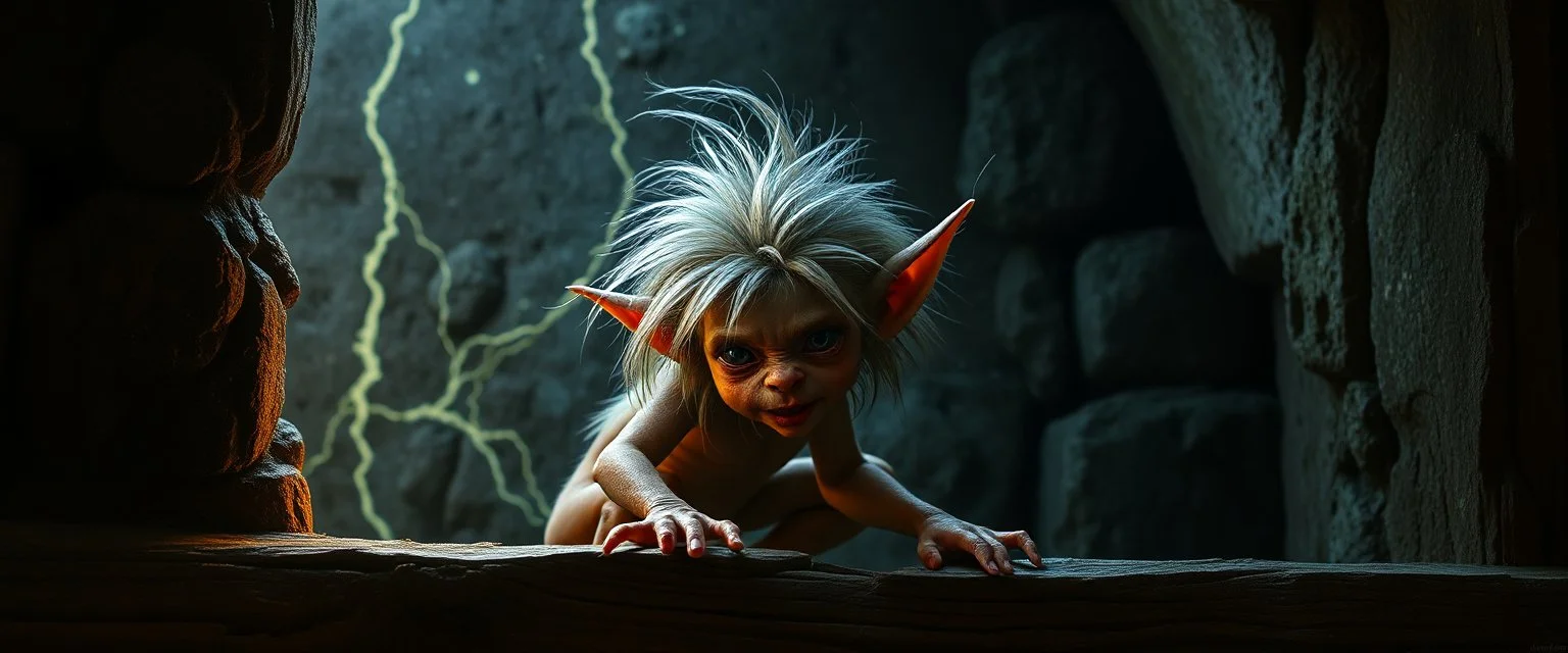 A hairy, sleek gremlin elf, Behind the glowing midnight shelf. Hair like a storm, dancing free, Serving secrets silently. malt av Rembrandt