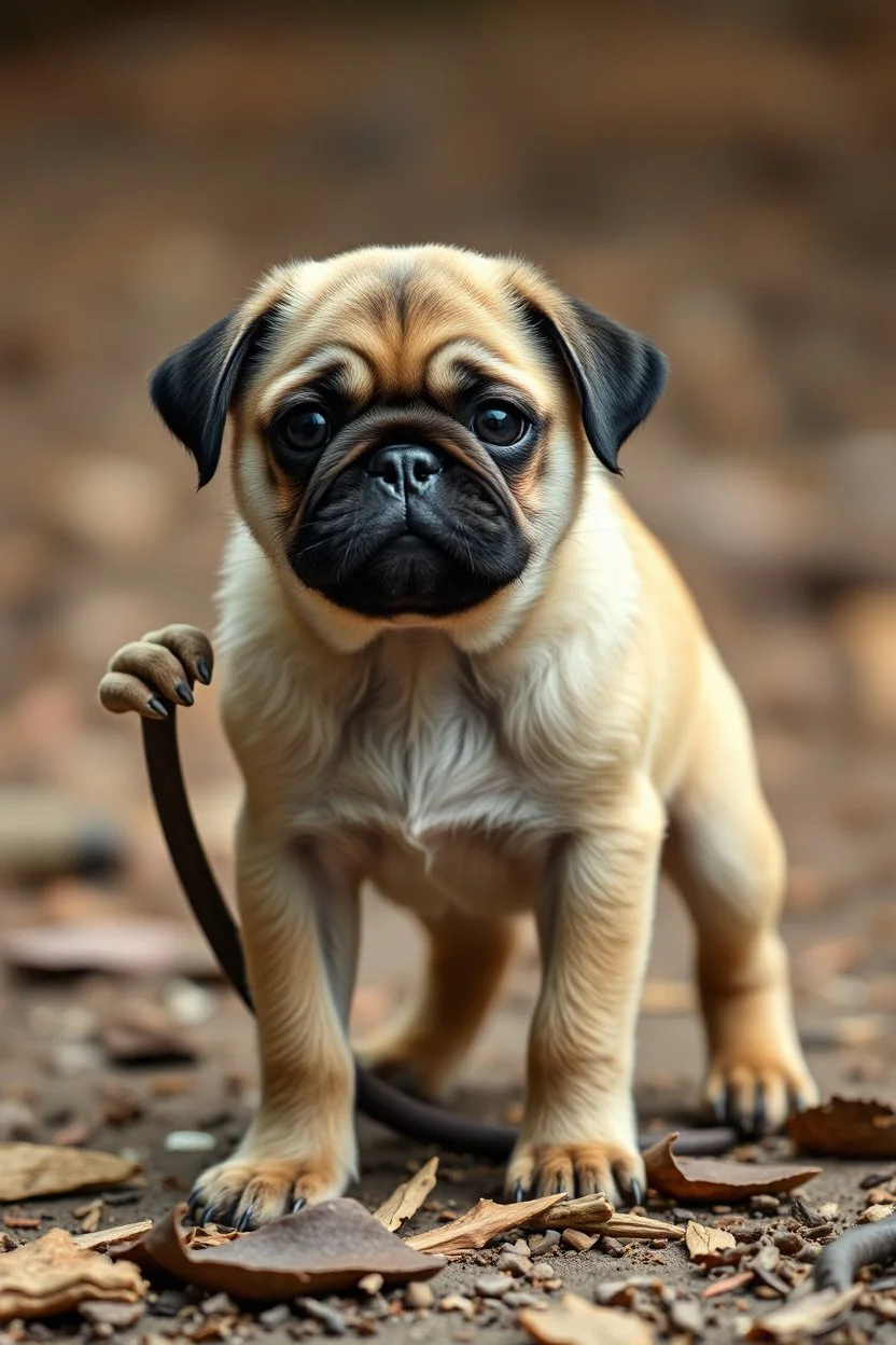 pug puppy, monkey, baby creature thats upstanding, extreme and awkward