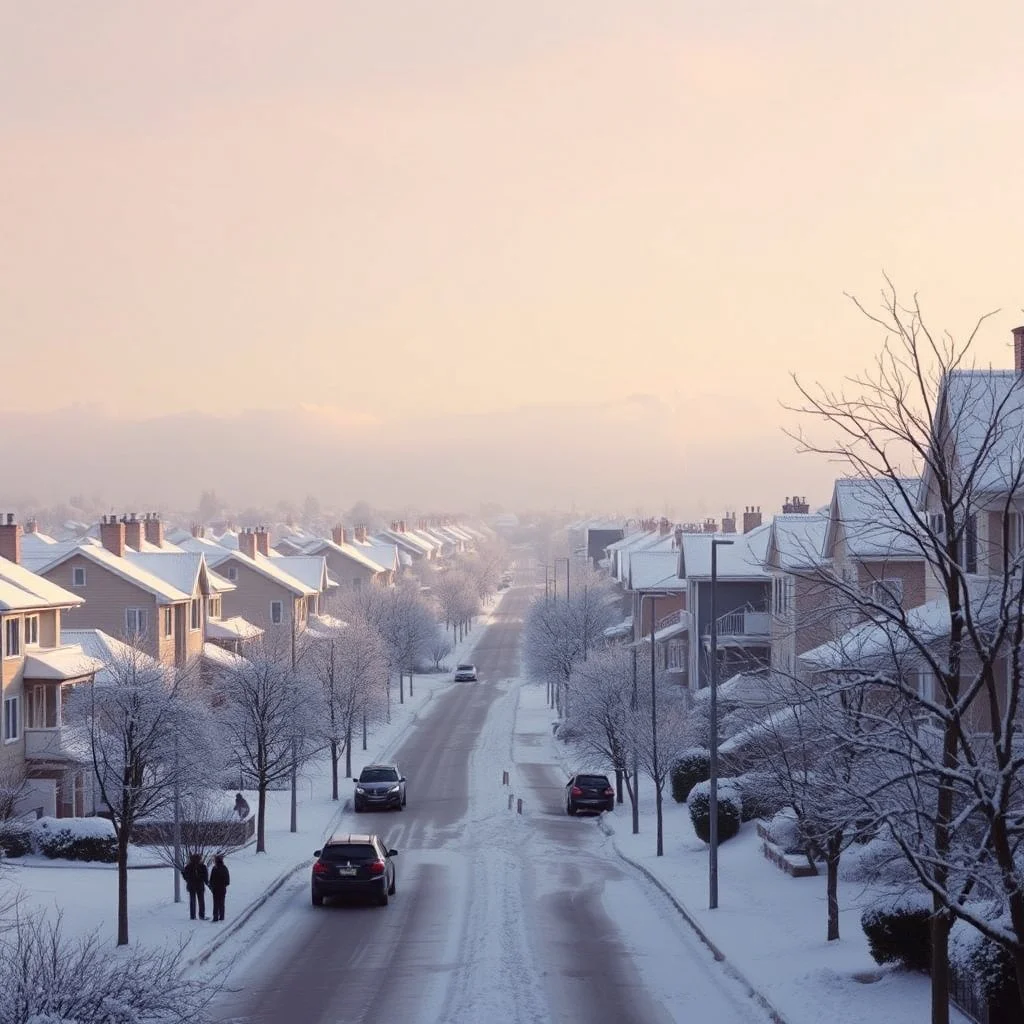 a glimpse of the suburban city, everything is covered in snow, the landscape seems to be made of felt, pastel colours, some people and cars, René Magritte style, obsessive, paranormal