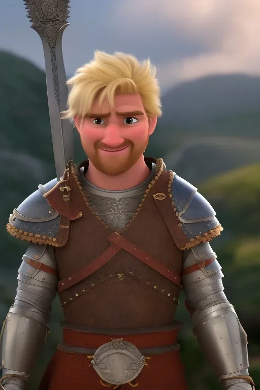 strong medieval men warrior with blond short hair, blue eyes and wide warm smile with an axe with green and brown clothes