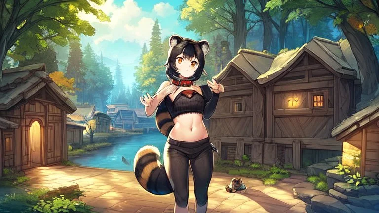 Girl, open navel, black hair, orange eyes, forest, river,house by river, small wooden house,collar on neck, raccoon ears, raccoon tail, raccoon muzzle on face, raccoon paws , raccoon nose, girl in tram, narrow stone road