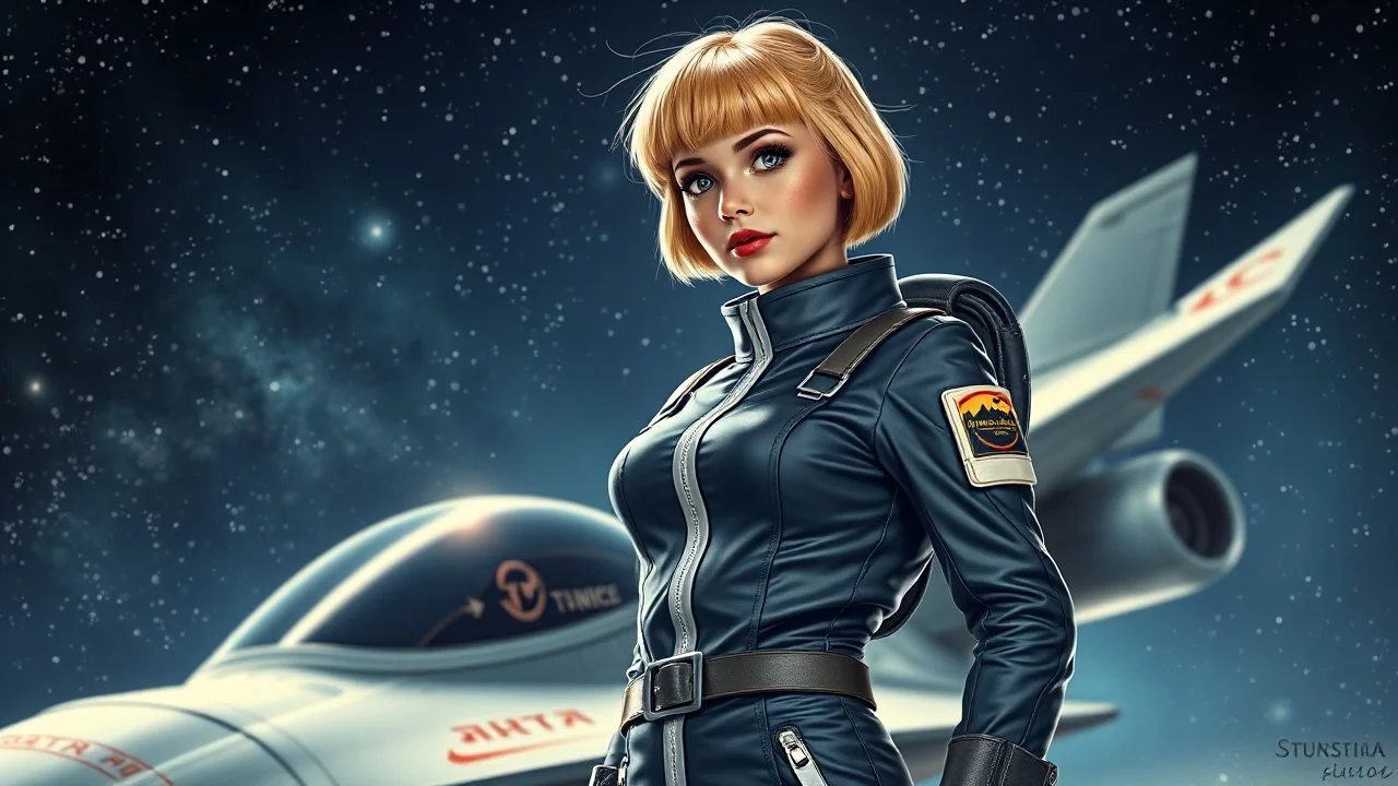 A photorealistic image of an adventurous pinup girl from the future, dressed in a tailored, full-body space suit, stands proudly beside her streamlined spaceship. Her short, untidy, blond hair with bangs. The scene is framed by a cosmic expanse of stars and nebulas.