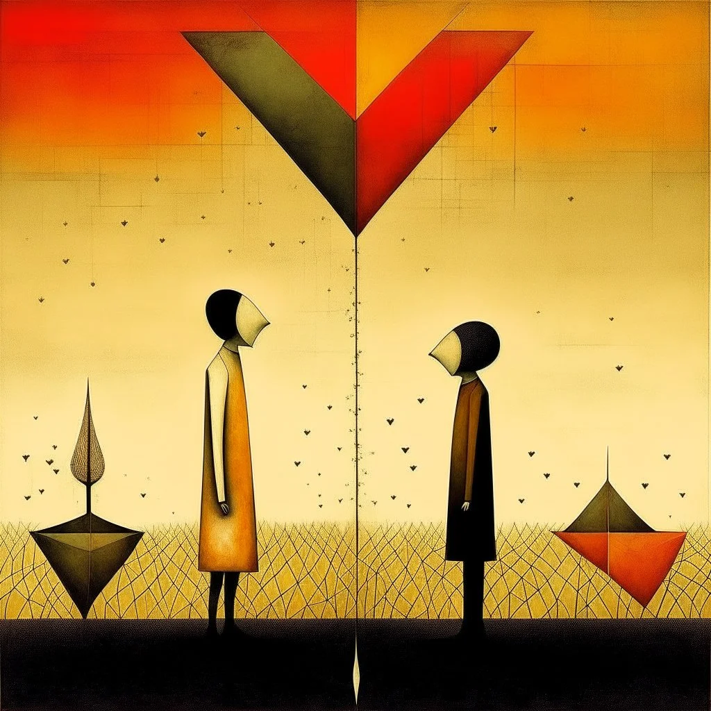 Style by Gabriel Pacheco and Victor Pasmore and Andy Kehoe, abstract surreal art, a metaphorical representation of the ephemeral triangular relationship of love rivalries, gestalt lunatic grass shine, warm colors, sinister, surreal masterpiece, dynamic diagonal layout composition, juxtaposition of the uncanny and the banal, sharp focus, weirdcore, never-before-seen