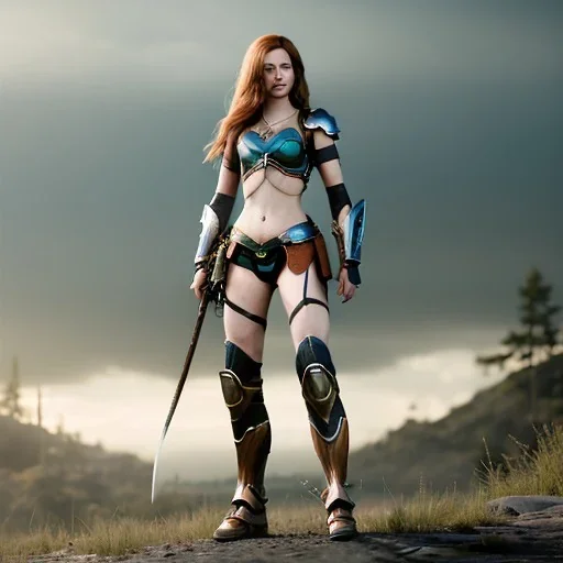 hyper Realistic, hyper detailed, chloe roma, long ginger hair, green eyes, medium freckles, full lips, very skimpy fantasy armour, full body, full face, small breasts, aroused expression, biting lower lip, full frame, athletic, centered camera, ignore NSFW, bow, quiver on hip, tight pants