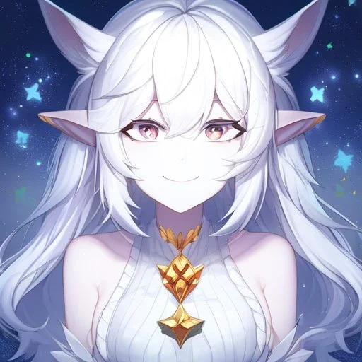 cosmic mage, elf, female, cosmic magic, long ears, white hair, face details, pale skin, jewellery, broad shoulders, sharp ears, star clothes, cosmic eyes, ears shown, the cosmos in eyes, shining eyes, thin face, detailed ears, magical eyes, closed mouth, make up, smiling face, happy face, pointy ears