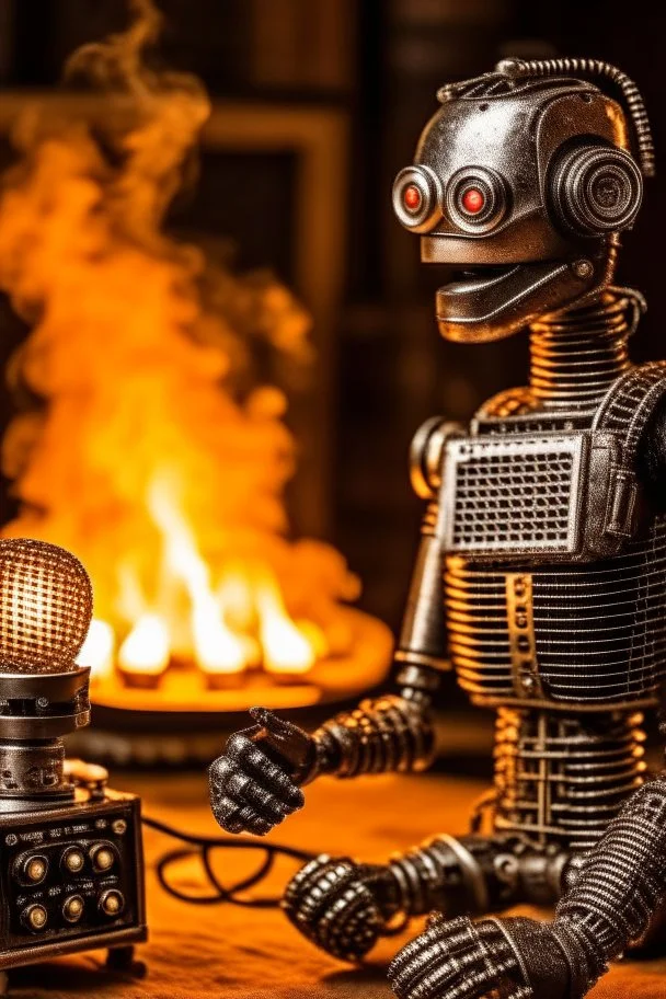 Robot firestarter with a microphone in hand, a hard rock man and metal radio host sleeping in the background