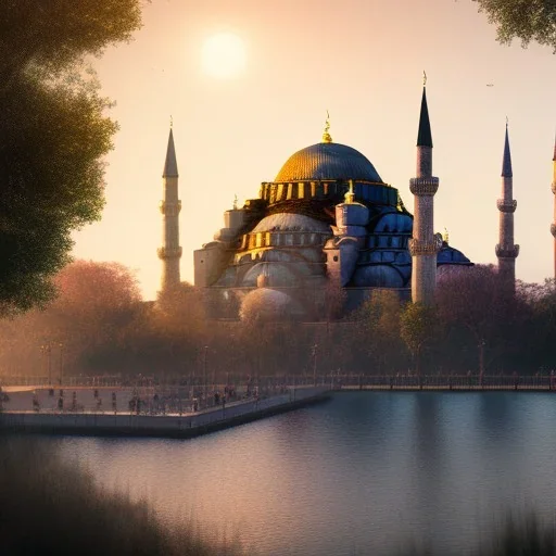 Sultanahmet Istanbul standing back to back under sky, landscape lake, sunset, illustration concept art anime