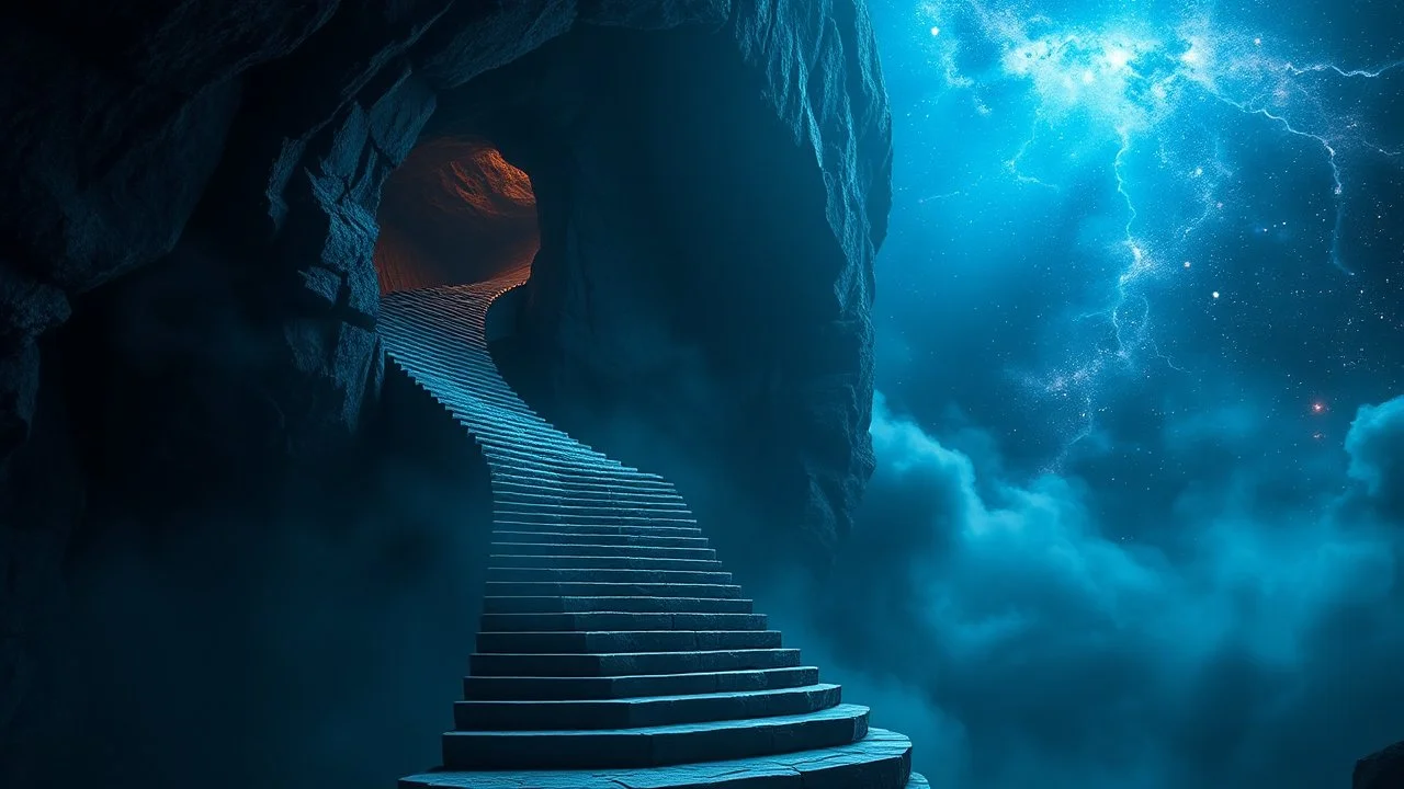 Stairs between heaven and hell, a big vertical spiral staircase made of indefinable material, the end of which cannot be seen, connecting the hellish dark depths with the endless dark blue universe, higg detailed, surreal, dark vibe, cinematic